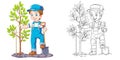 Coloring page with boy growing tree Royalty Free Stock Photo